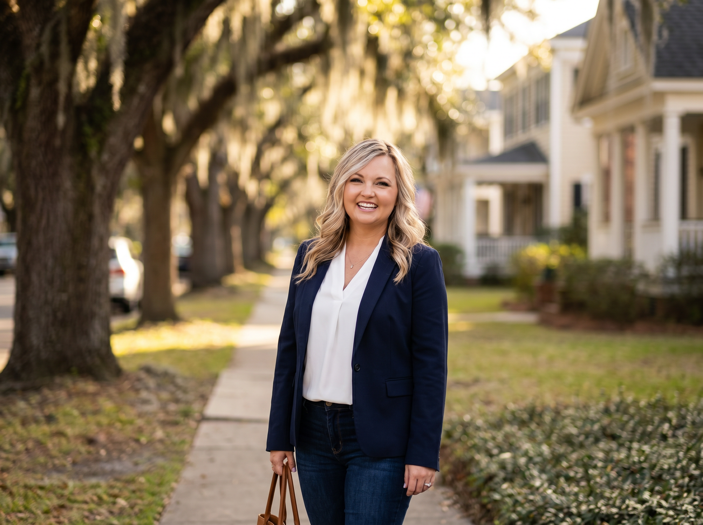 Divine Living Home Care founder standing on a tree-lined Chadbourn street