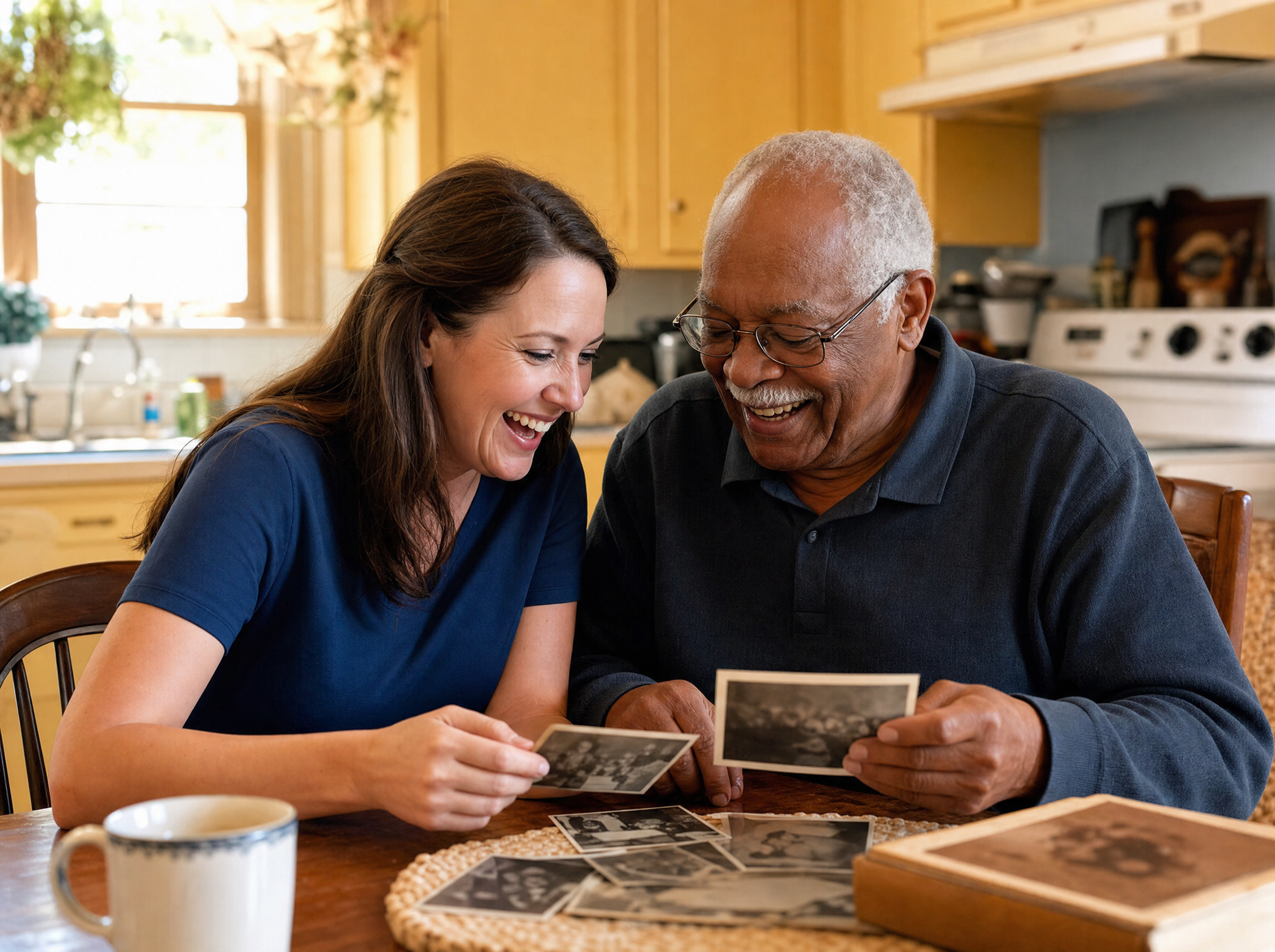 Caregiver and senior laughing together over old photographs at a kitchen table