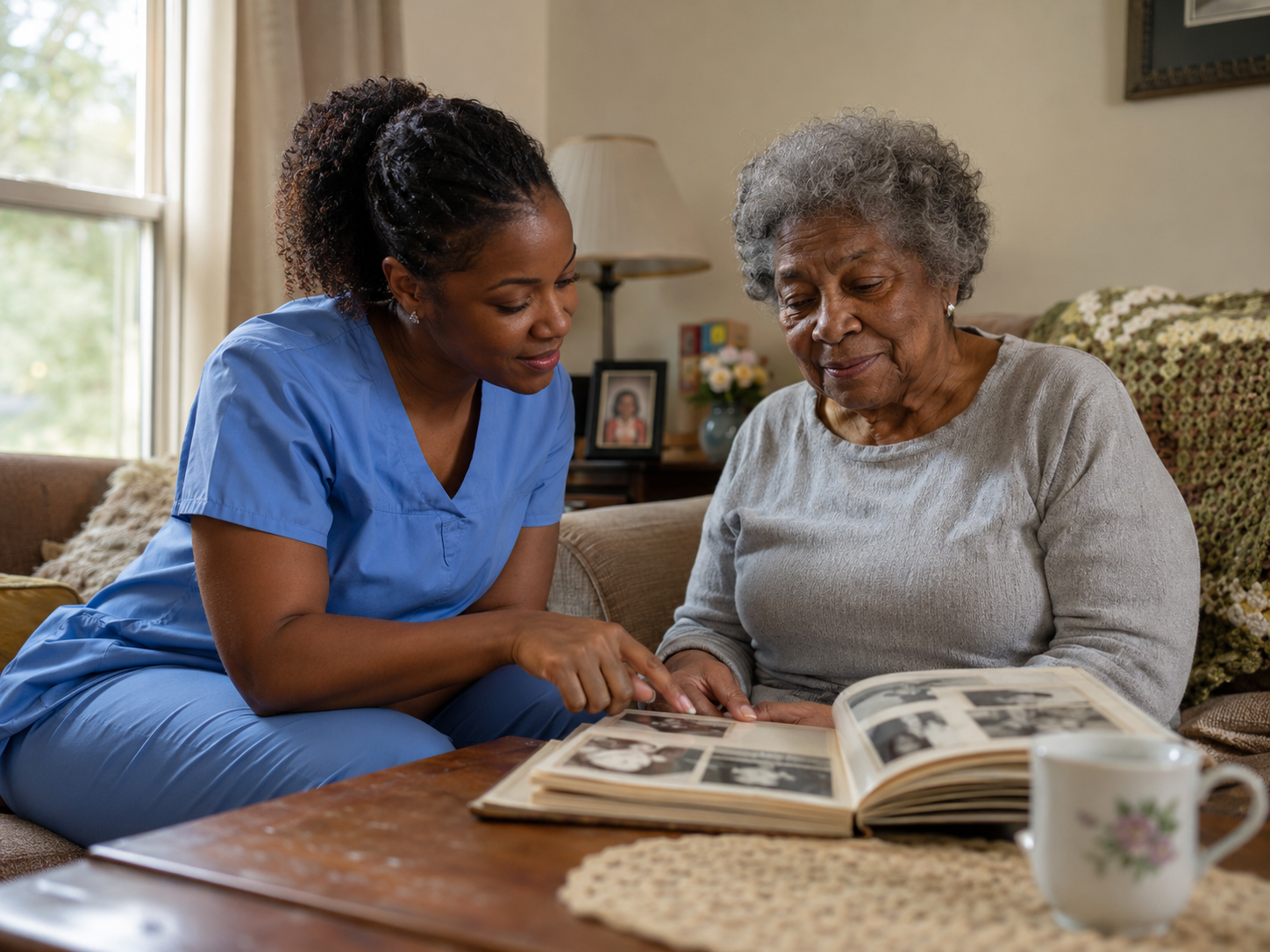 Caregiver and senior woman quietly looking at a photo album together on a sofa