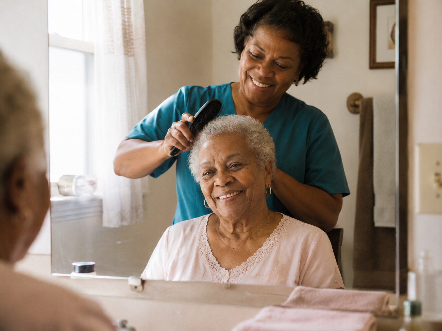 Caregiver gently brushing a senior woman's hair at a mirror, both smiling warmly
